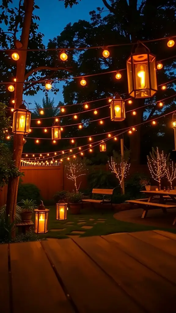 A beautifully lit backyard with string lights and lanterns creating a cozy evening atmosphere.