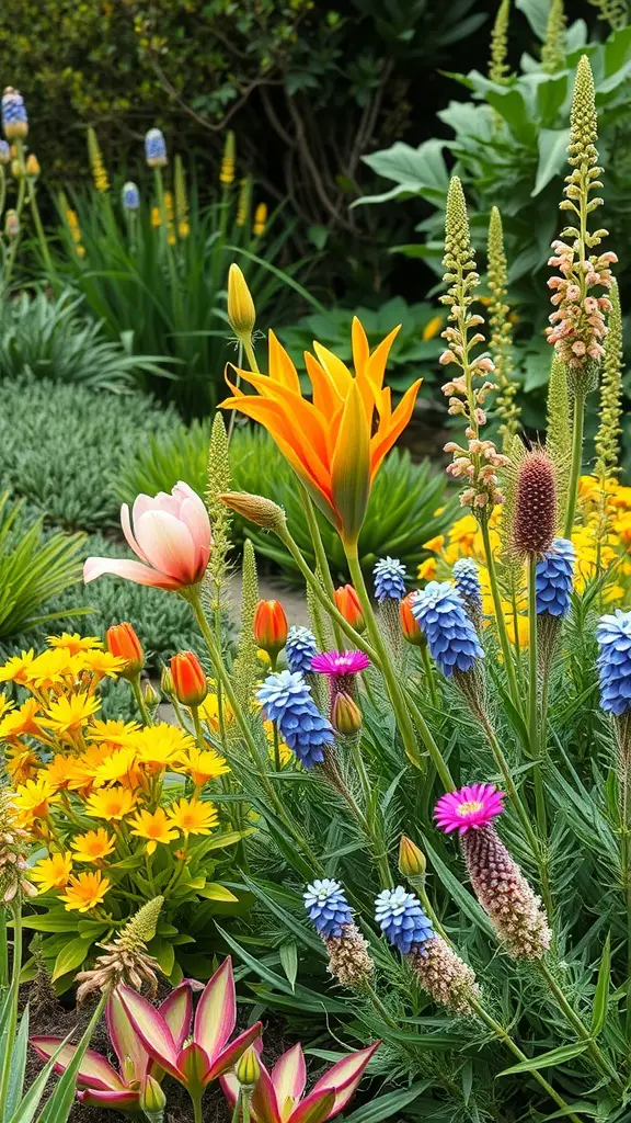 A colorful garden featuring native plants with orange, yellow, and blue flowers.