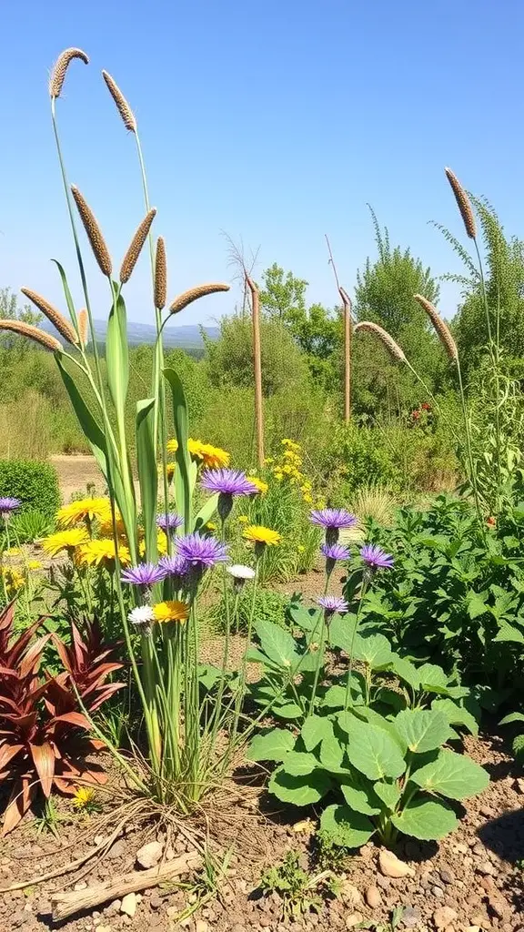A vibrant garden featuring tall grasses and colorful native flowers under a clear blue sky.