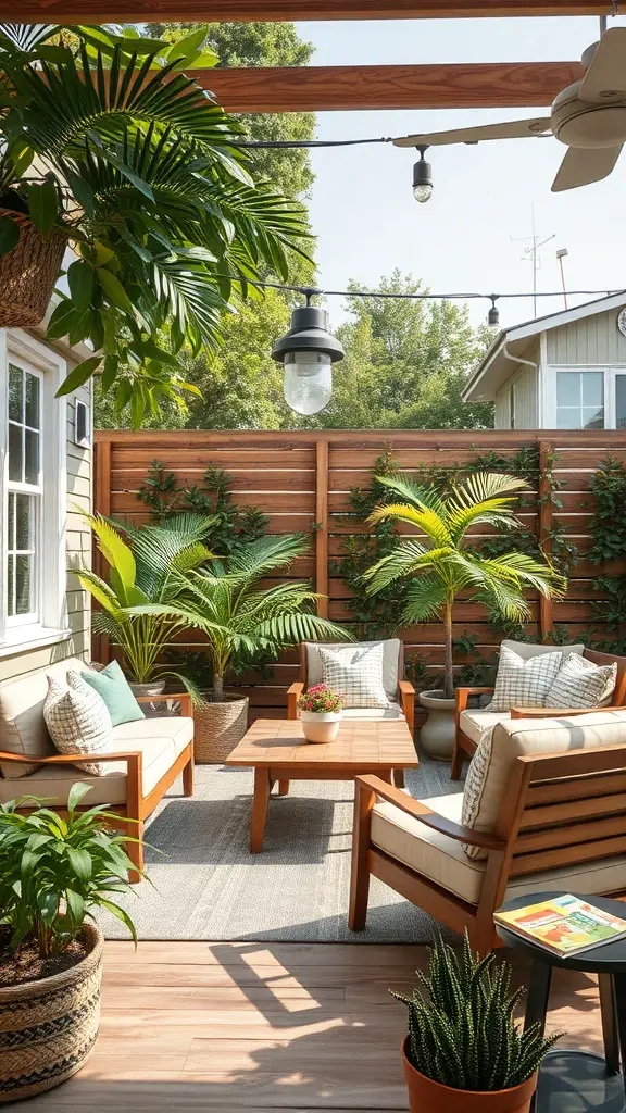 A cozy outdoor living area with wooden furniture, potted plants, and string lights.