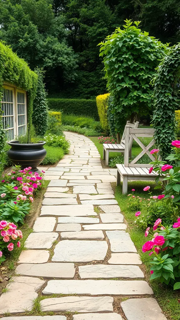 A stone pathway surrounded by flowers and greenery, leading to a seating area in a backyard.