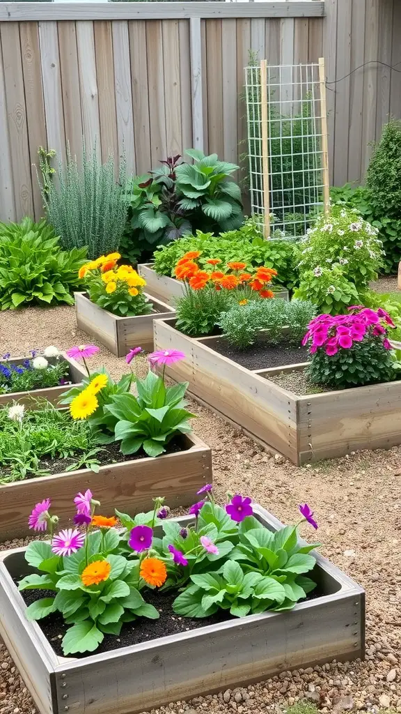 Colorful raised flower beds in a small garden layout with a trellis in the background.