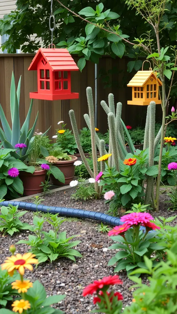 A small garden featuring colorful flowers, two birdhouses, and a variety of plants.