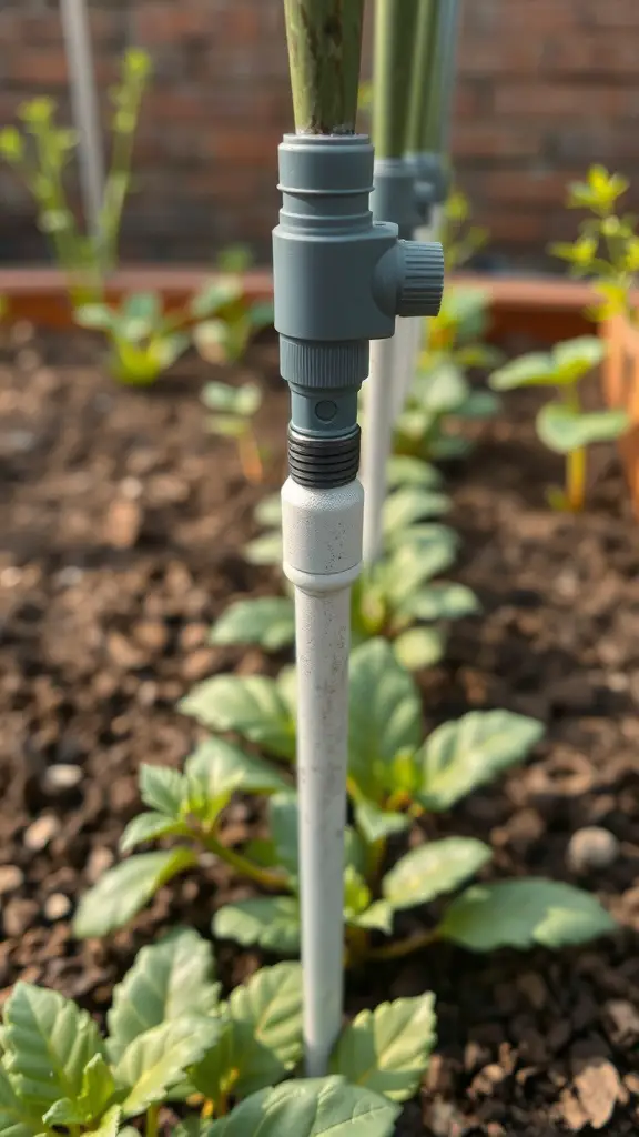 Close-up of a drip irrigation system in a raised garden bed