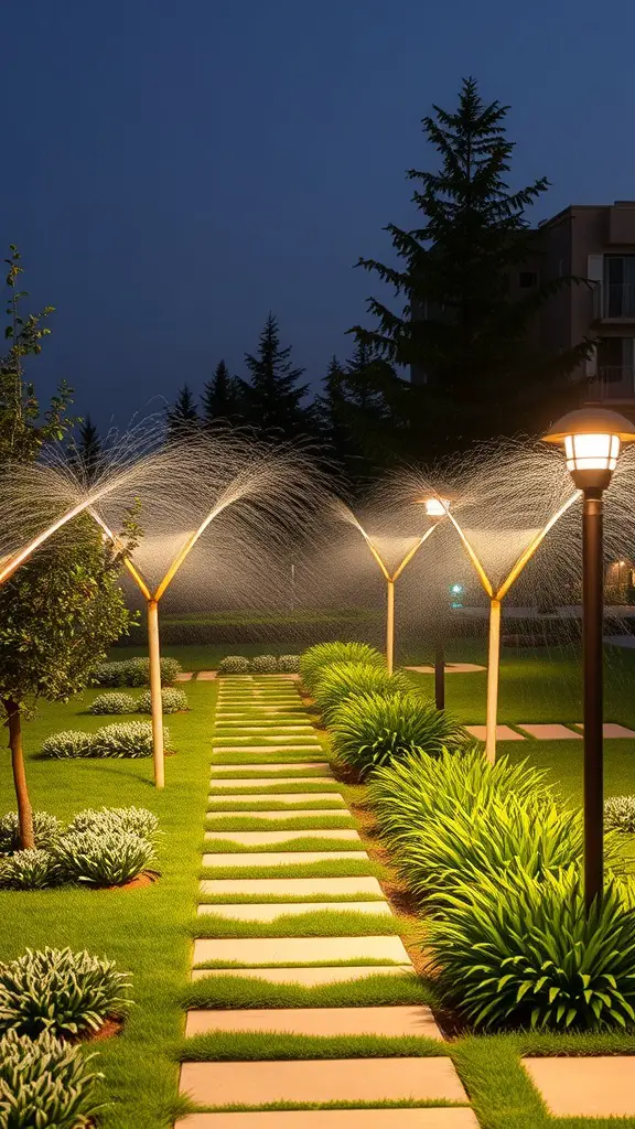 A beautifully landscaped garden at night with illuminated pathways and sprinklers creating a mist.