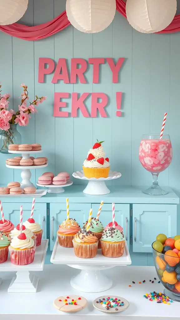 A colorful dessert station featuring cupcakes, macarons, and a fruity drink, perfect for a garden party.