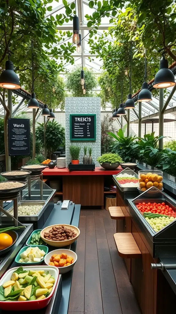 A vibrant food station with fresh vegetables, fruits, and snacks set up for a summer garden party.