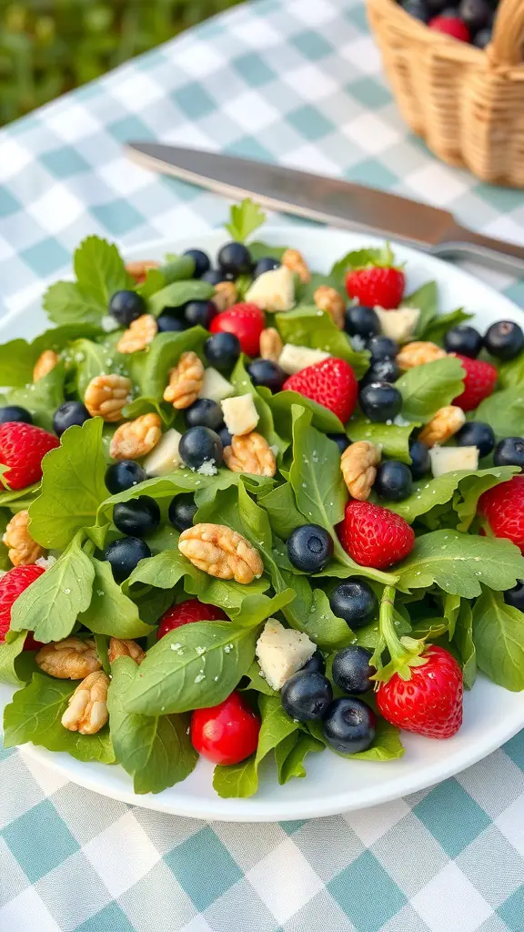 A colorful summer salad with strawberries, blueberries, walnuts, and greens on a plate.