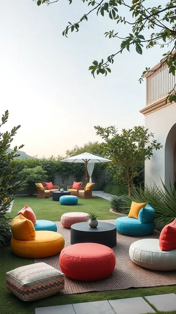 A colorful garden lounge area with cushions and poufs, surrounded by greenery.