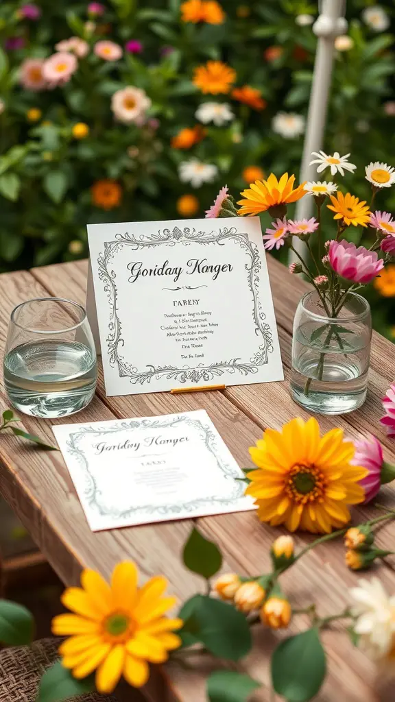 Personalized invitations on a wooden table with flowers in a summer garden setting.