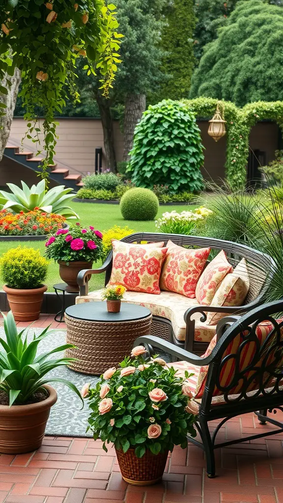 Cozy outdoor seating area with colorful cushions and surrounding plants