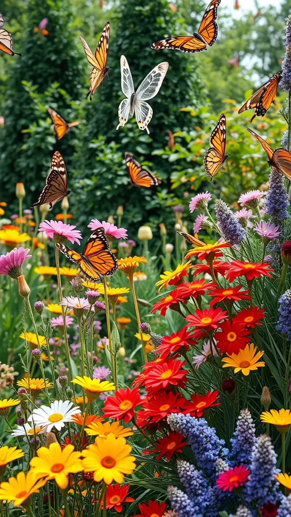 Colorful garden filled with flowers and butterflies