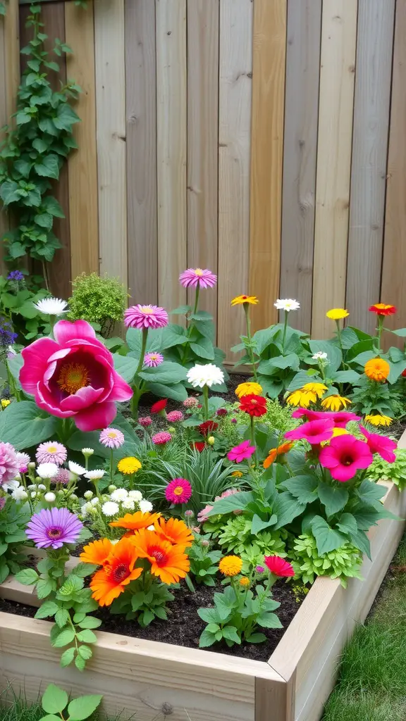 Colorful flowers in an L-shaped raised garden bed made of natural wood.