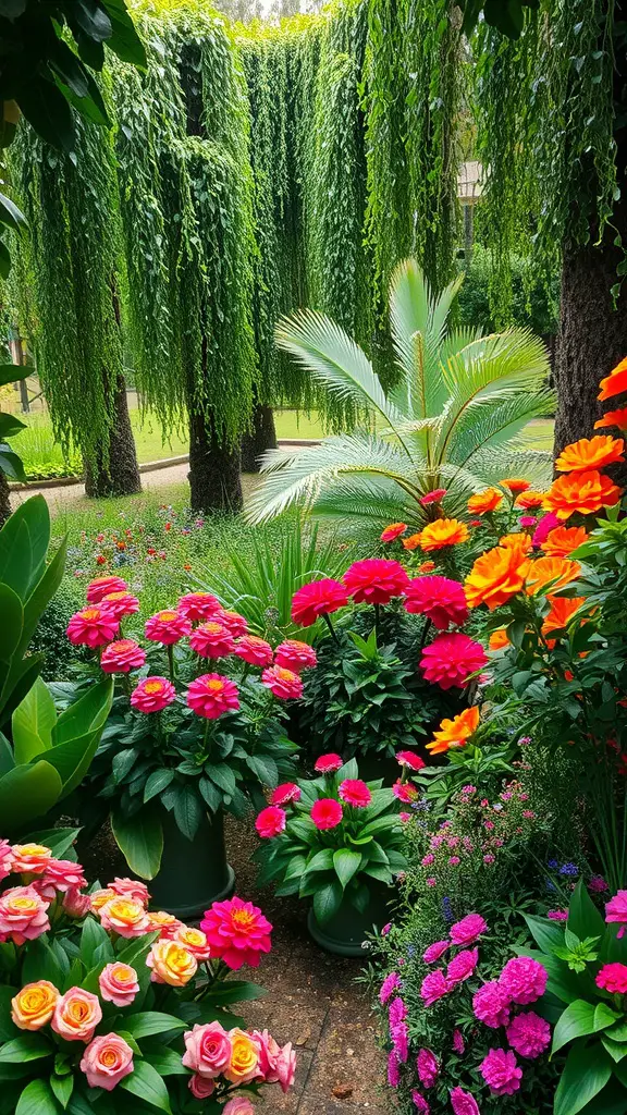 A vibrant garden filled with colorful flowers and lush greenery, perfect for a whimsical garden party.