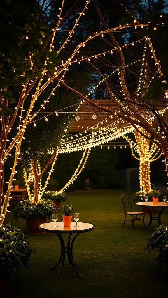 A garden decorated with fairy lights, featuring tables and plants, creating a magical atmosphere.