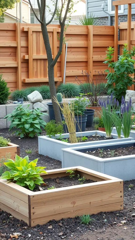 A garden featuring raised beds made of wood and metal, surrounded by various plants and greenery.