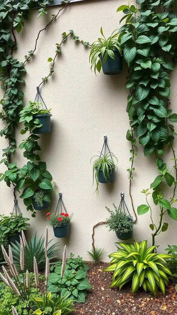 Vertical garden with hanging pots and climbing plants on a wall.
