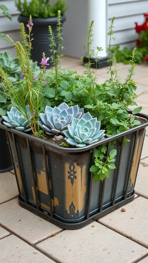 A metal container garden with various plants including herbs and succulents.