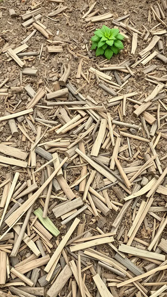 A close-up view of a raised garden bed with wood chips as mulch and a small green plant growing.