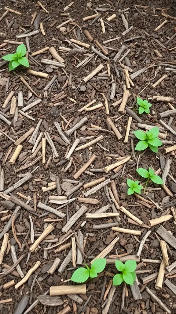 Young plants growing through a layer of mulch in a garden.