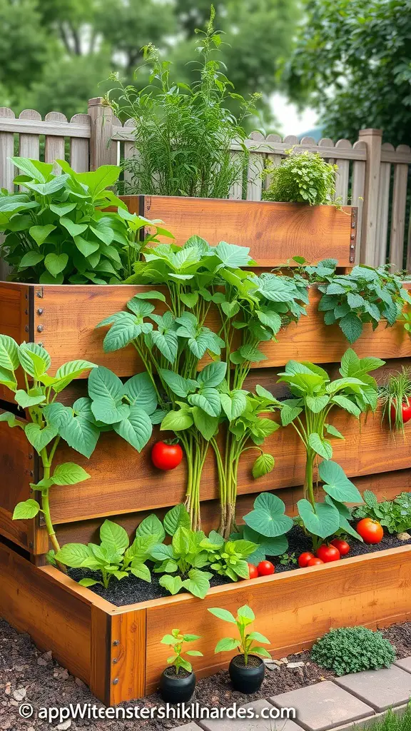A multi-level raised garden bed with various plants, including tomatoes and leafy greens, arranged in a tiered wooden structure.