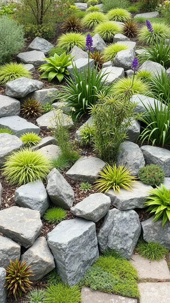 A garden bed made of natural stones surrounded by green plants and purple flowers.