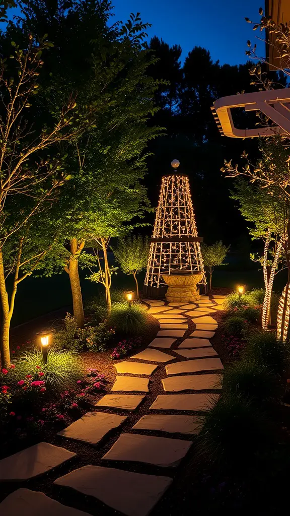A beautifully lit garden pathway with decorative lights and trees.