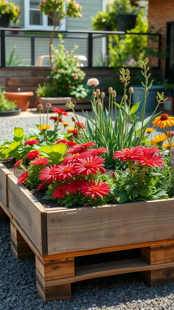 A vibrant pallet garden bed filled with colorful flowers, showcasing a beautiful outdoor garden setup.