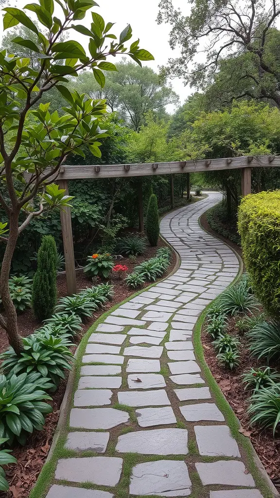 A winding stone pathway surrounded by greenery and flowers.