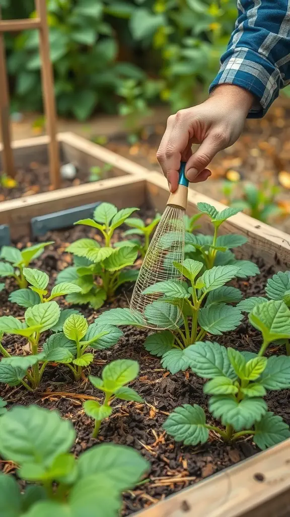 A hand tending to young plants in a raised garden bed, showcasing pest management techniques.