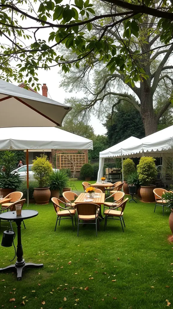 A garden party setup with tables, chairs, and canopies in a green space.