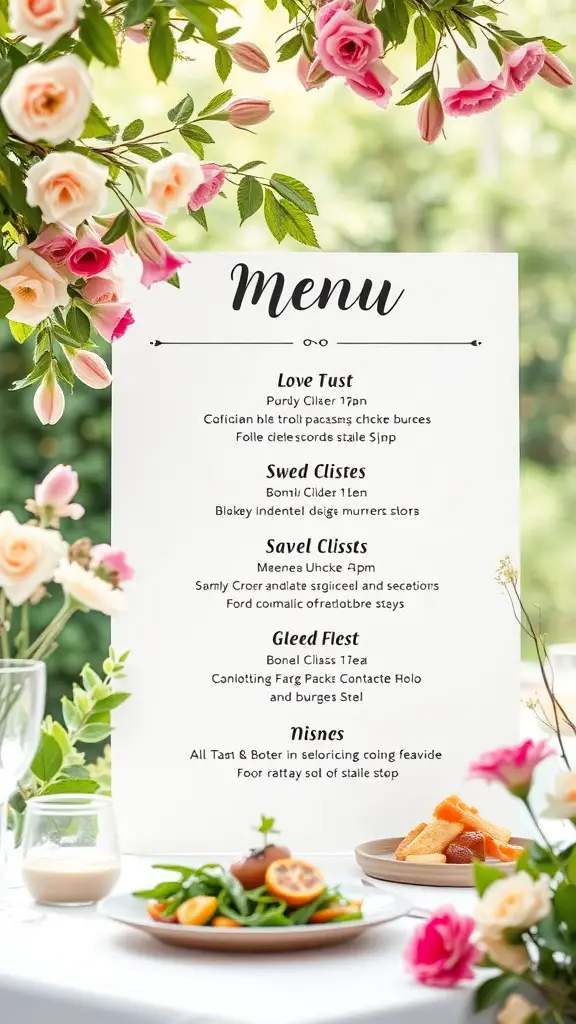 A beautifully arranged garden party menu surrounded by flowers.