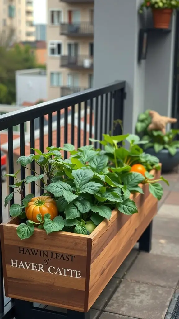 A wooden planter box filled with green plants and ripe tomatoes on a balcony.