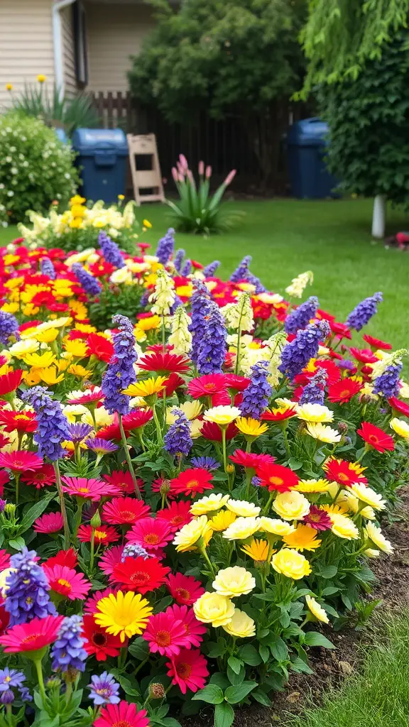 Colorful flowering perennial border with red, yellow, and purple flowers in a backyard setting.