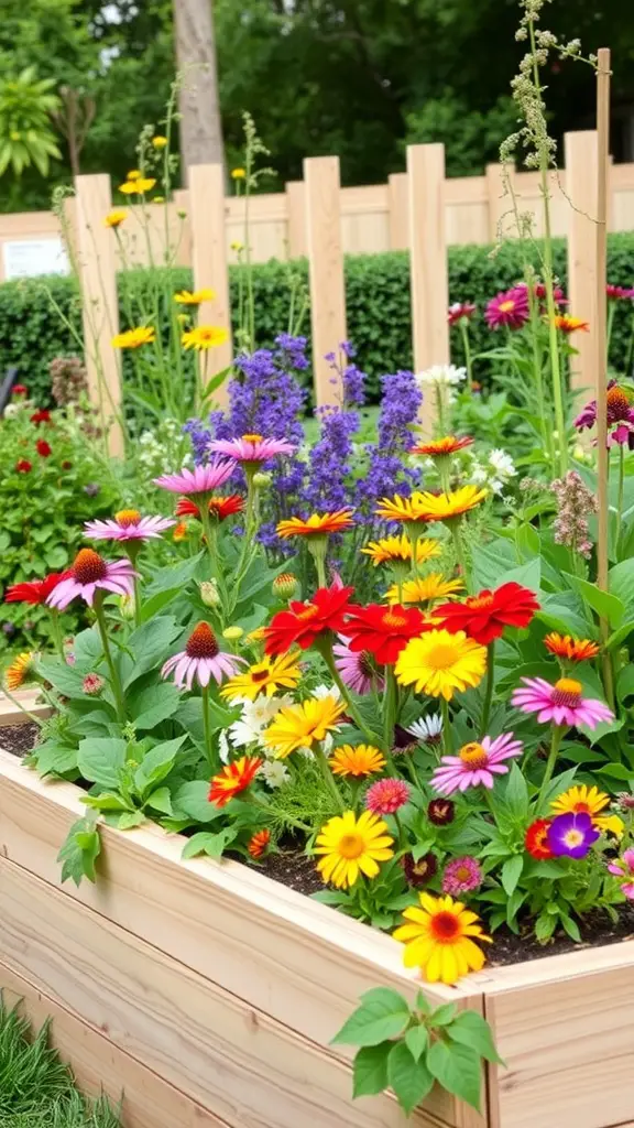 A colorful raised garden bed filled with various flowers, designed to attract pollinators.
