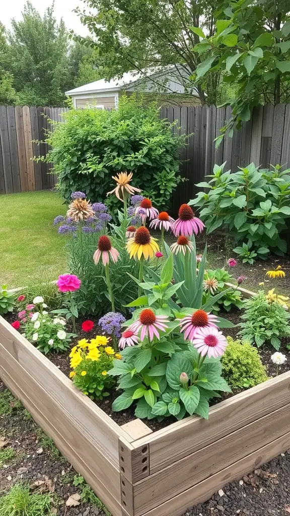 A colorful raised garden bed filled with various flowers, including Echinacea, surrounded by greenery.