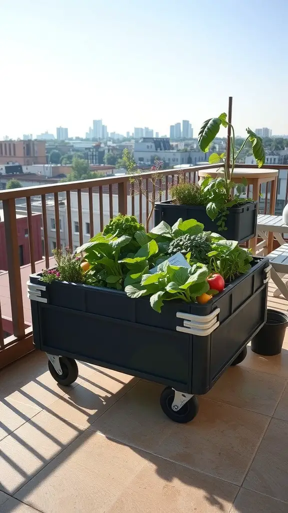 A portable garden bed filled with various plants on a balcony with a city skyline in the background.