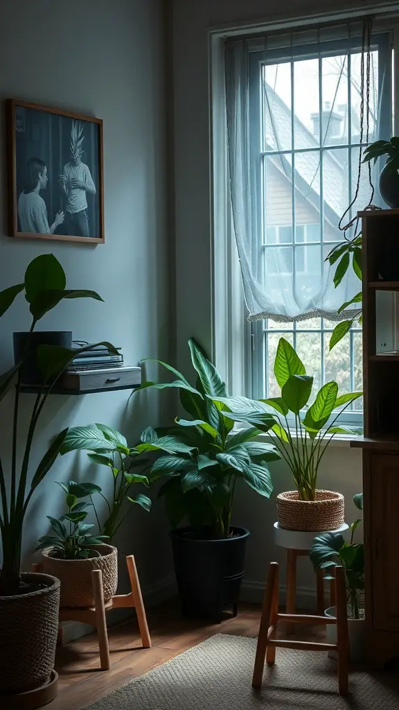 Cozy indoor corner with various low-light plants near a window