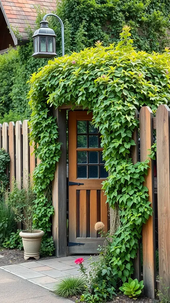 A wooden gate surrounded by lush green plants in a cottage garden.