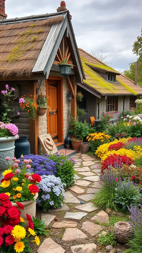A charming cottage garden with a thatched roof, featuring a stone pathway surrounded by colorful flowers.
