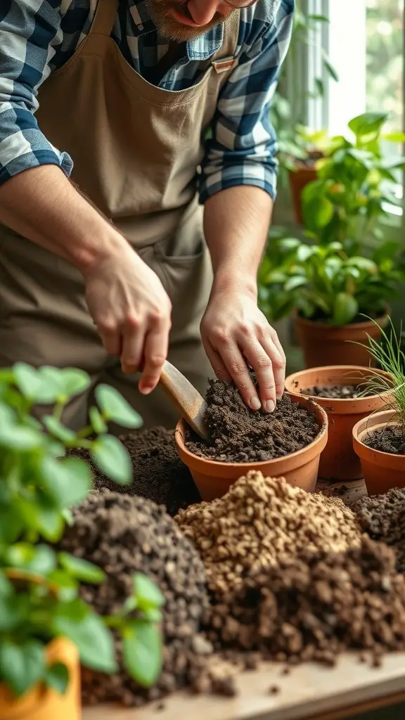 A person preparing potting soil for indoor plants, surrounded by various soil types and potted plants.