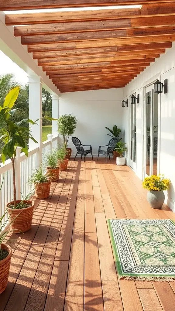 A beautiful terrace with wooden flooring, potted plants, and seating area.