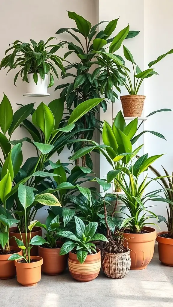 A collection of indoor plants in various pots, showcasing different sizes and types, arranged in a bright room.