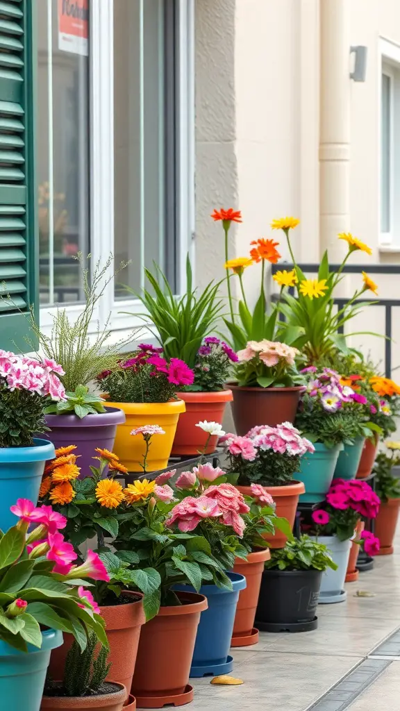 A vibrant display of colorful flower pots on a balcony, showcasing a variety of flowers in different sizes and colors.