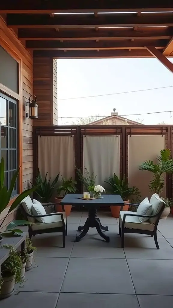 A cozy patio with wooden privacy screens, comfortable chairs, and potted plants.