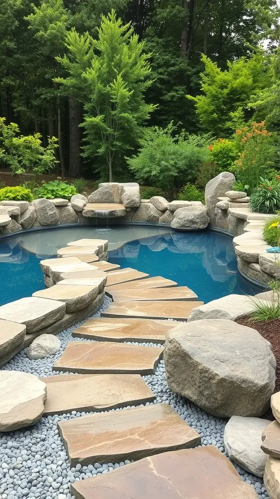 A pool surrounded by natural stone elements, featuring a pathway of flat stones leading to the water.