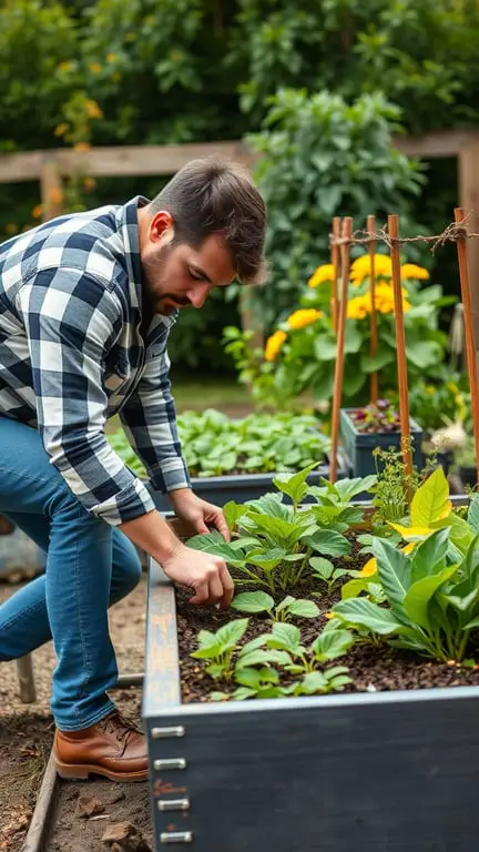 A gardener tending to raised garden beds filled with lush plants and flowers.