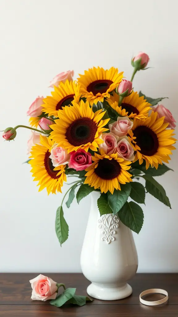 A bouquet featuring sunflowers and pink roses in a white vase.