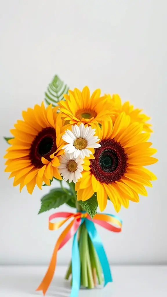 A bouquet of sunflowers and daisies tied with colorful ribbons.