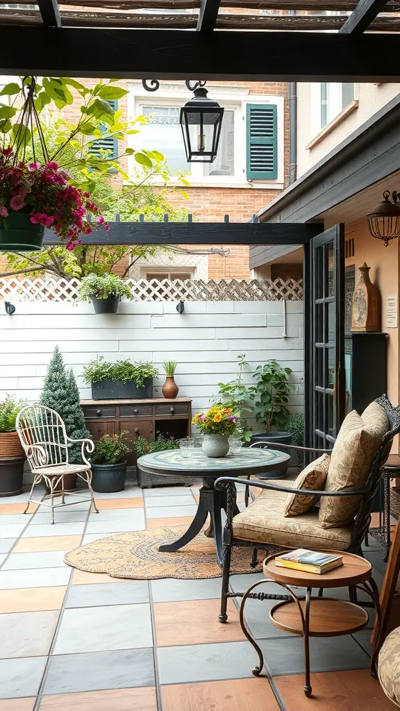 A cozy patio featuring vintage furniture, plants, and decorative elements.